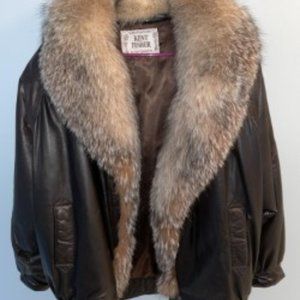Brown genuine leather and fox fur collar jacket